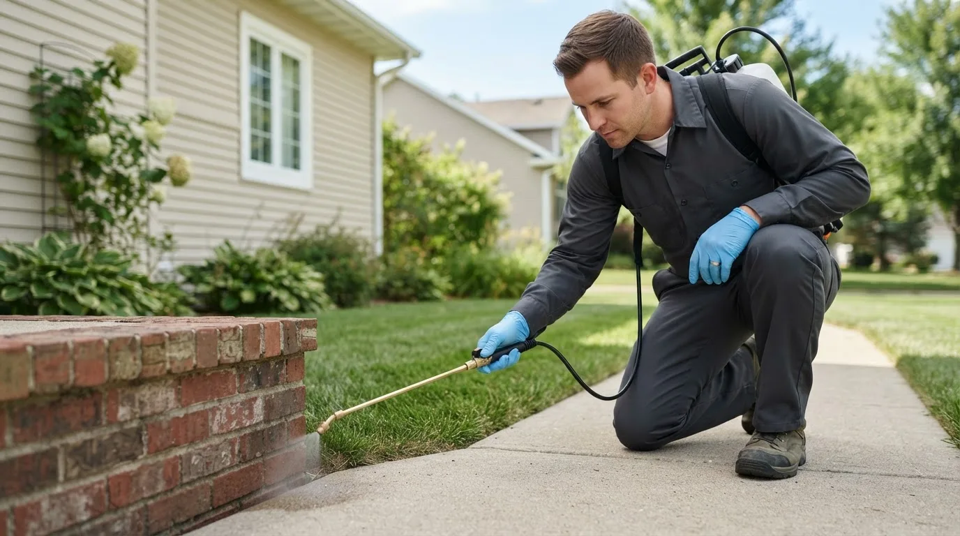 Pest control technician treating a home near Stringtown, OK