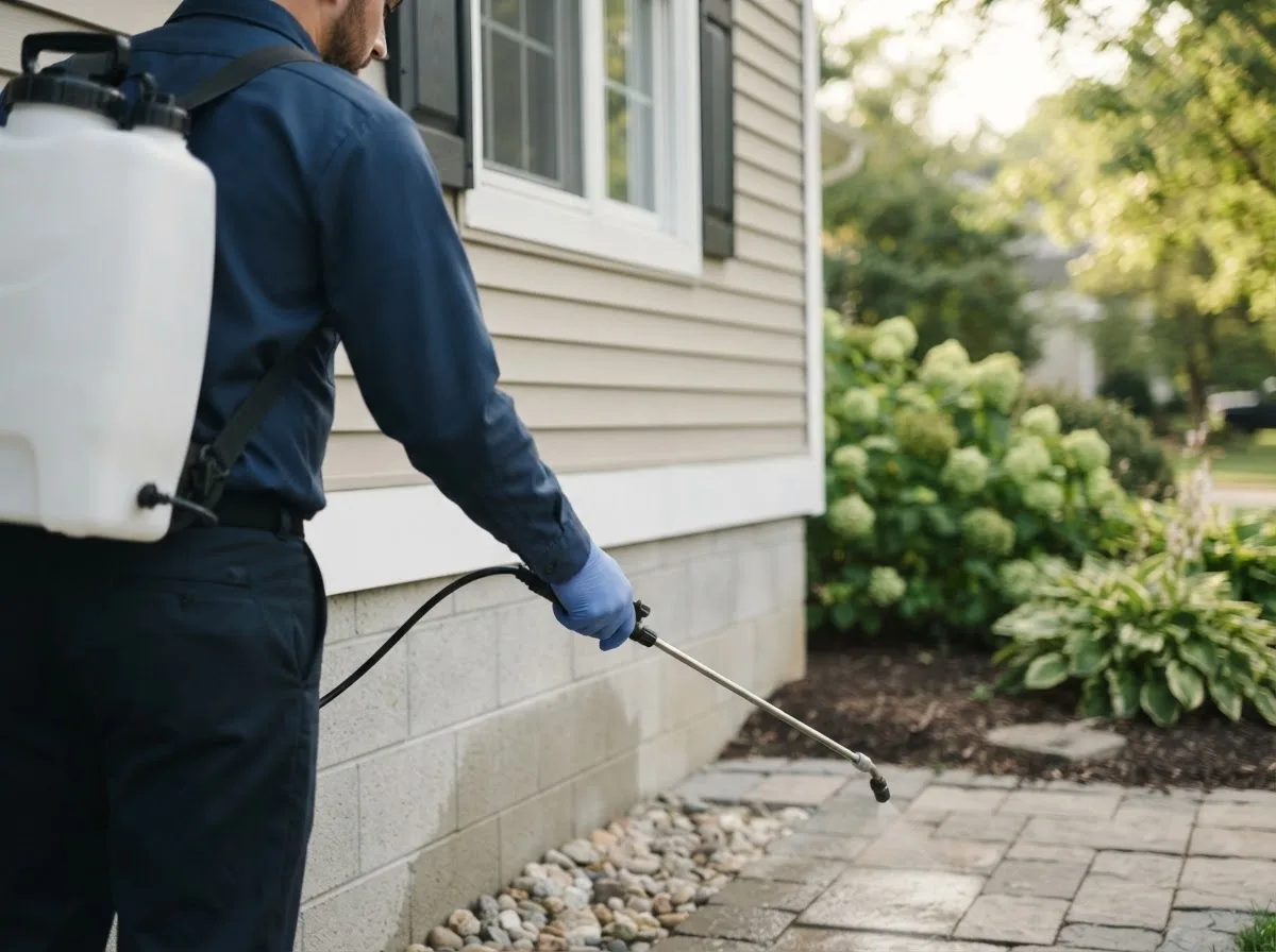 Pest control technician inspecting a home in Stringtown, OK